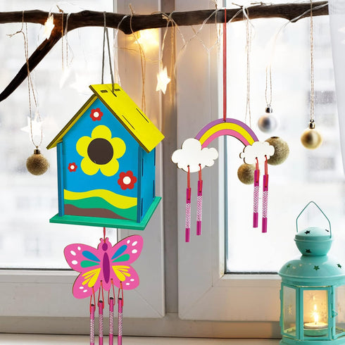 Crafts for Kids Ages 4-8 - 4 Pack DIY Bird House Wind Chime Kit for Building and Painting Birdhouses