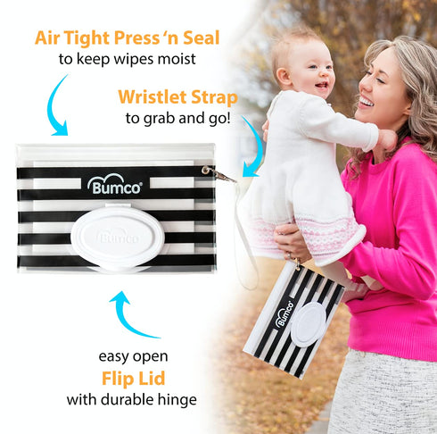 BUMCO Airtight Wipes Dispenser, Reusable Refillable Pouch, Diaper Bag Organizer for Travel, Unique Baby Gift for Girl