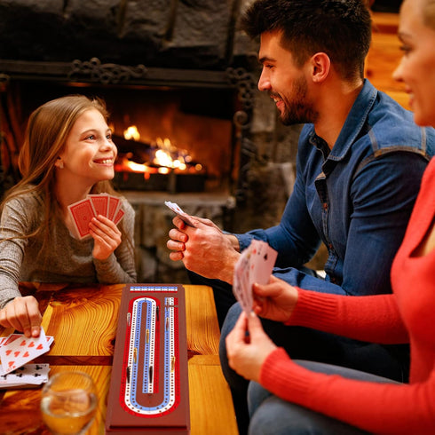 Set 3 9 2 Sets Cribbage Board Game with Large Storage Area, Solid Wood Track Cribbage Board, Metal Pegs, Playing Cards