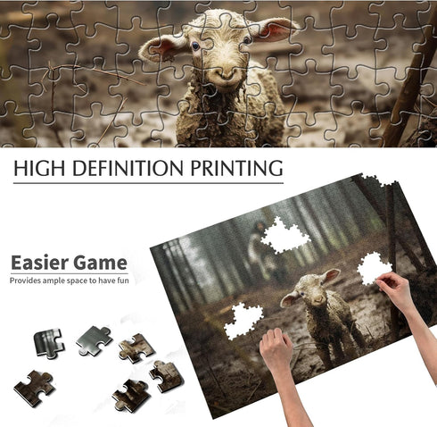 Christian Puzzles for Adults, Wooden Jigsaw Puzzles 500 Pieces Jesus Running After Lost Lamb Religious Decor