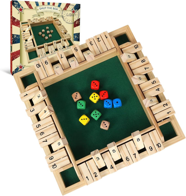 Shut The Box Dice Game - 12 inch Traditional Wooden Math Board Game with 8 Dice, 10 Numbers for 1-4 Players, Kids &