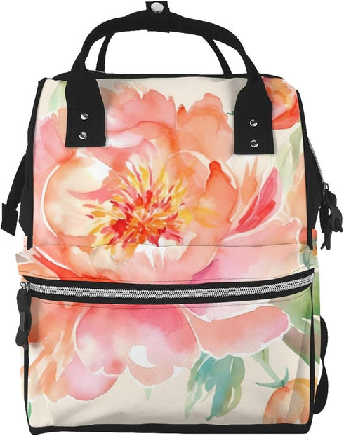 FHEDVBN Peach Peony Diaper Bag Backpack for Women Multifunction Waterproof Mummy Backpacks for