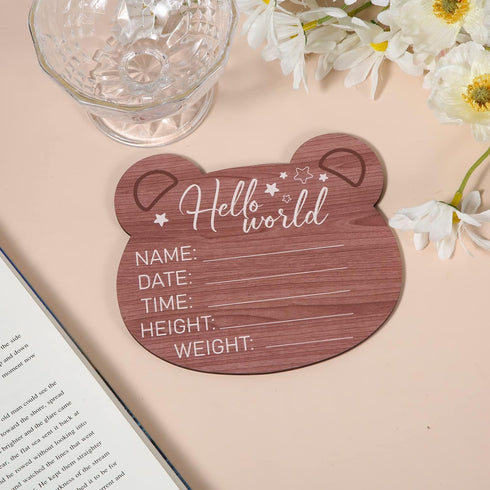 SAVITA 5.9 Inch Wooden Baby Announcement Plaque, Bear Shape New Baby Welcome Sign Hello World Newborn Sign for Hospital