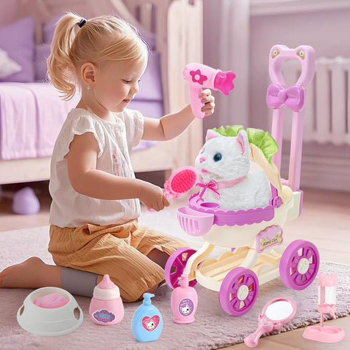 3 4 5 6 7 8 G.C Cat Toys for Kids Girls, Electronic Interactive Stuffed Cat Walk Meow and Wag Tail with Stroller Pet