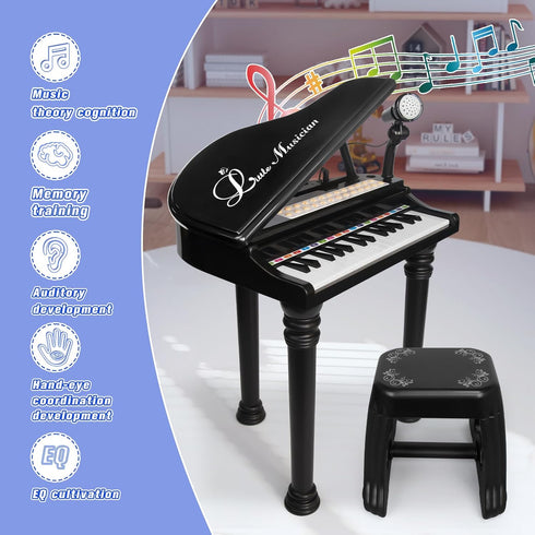 Love&Mini 31 Keys Kids Piano Keyboard Toys with Microphone and Stool, Black, for Kids Age 3+