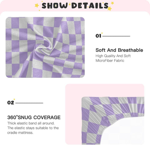 Pigsaly 27x39 Inch Crib Sheets Purple Gray Checkered Baby Sheet for Standard Crib Mattress Boys Girls Toddler Bed