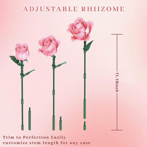 Set, Pink Roses Flower Bouquet Building Artificial Flowers Botanical Collection Compatible with Lego Flowers for Adults