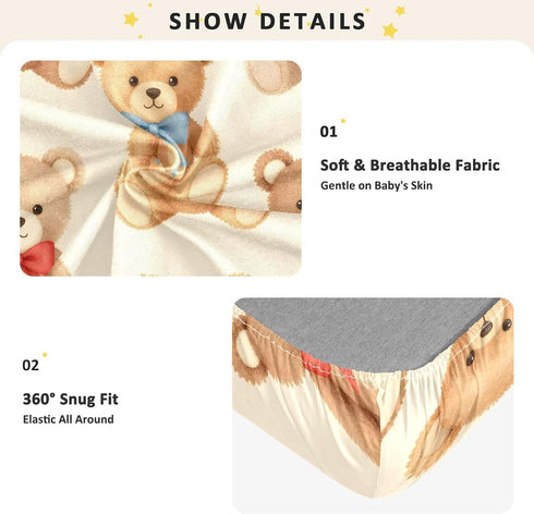 CZXW 52" 28" Cute Bears with Bows Crib Sheets Fitted x Natural Cotton Soft & Breathable for Baby Crib Mattress