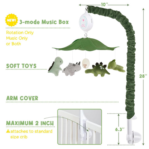 3-Mode Dinosaur Crib Mobile Grey and Green Dino Baby Crib Mobile with Music Box, Jurassic Dreams Baby Mobile for Boys