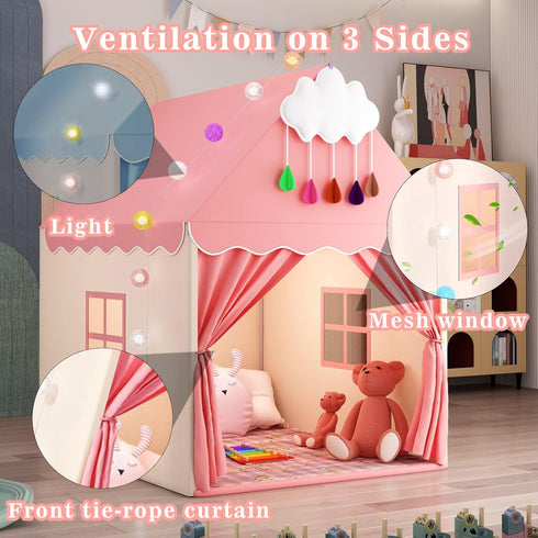 Pink Kids Play Tent with Mat, Cloud and Ball Lights, Large Playhouse for Boys and Girls, Indoor & Outdoor Toddler