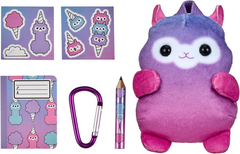 REAL LITTLES Plushie Pet Backpacks, Soft Fluffy Animal Micro Backpack with 4 Real Working Micro Stationery Surprises