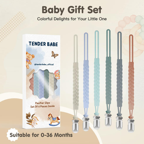 Pack 6 TenderBabe Silicone Pacifier Clip for Baby Boys and Girls, of Soft Flexible Paci Binky Clips with One-Piece