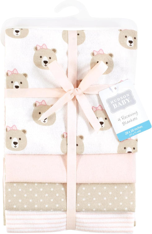 (Pack 2) Hudson Baby Unisex Baby Cotton Flannel Receiving Blankets, Pink Taupe Bear, One Size