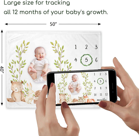 Woodland Milestone Blanket, Forest Animals Baby Growth Chart Monthly Blanket, Watch Me Grow Woodland Bear Fox Baby Nursery for New Moms Baby Shower(50"x40") by Yuzioey