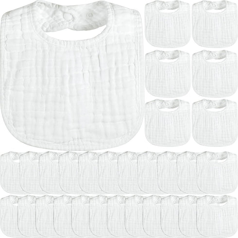 Reginary 30 Pack White Muslin Baby Bibs Bulk Adjustable 6 Layers Baby