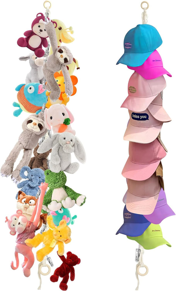 2pcs Stuffed Animal Storage Chain - Boho Stuffed Animal Hammock with 40pcs Metal Clips, Hanging Storage for Kids