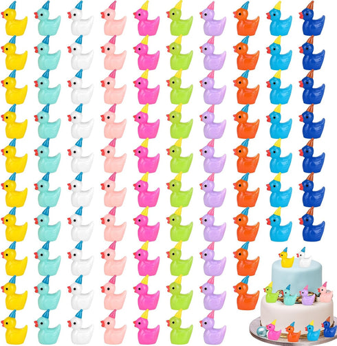 100 Pack Mini Resin Ducks, Multicolor Tiny Ducks Wearing Party Hats for Micro Landscape Dollhouse Garden