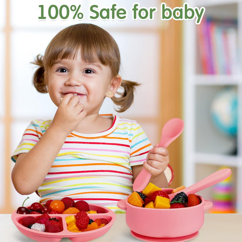 CHENGU 12 Set Pcs Silicone Bowl with Suction for Baby Toddler with Suction Plate, Spoon and Fork, Divided Design Baby