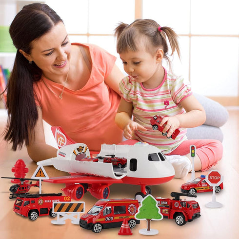 Dwi Dowellin Airplane Toy with Fire Truck Cars and Play Mat - Lights and Sounds for 3+ Years Old