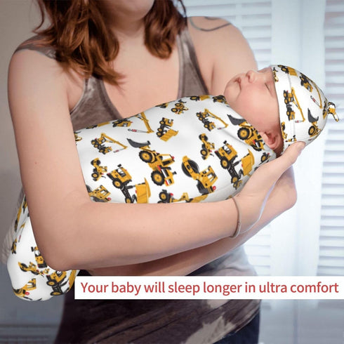 Broiteid Set Construction Machinery Excavator Truck Tractor Newborn Swaddle Blanket Baby Stuff Baby Blanket with Beanie