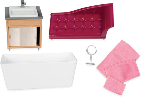 Lori Dolls Luxury Bathroom Set, Dollhouse Furniture for 6-Inch Dolls, Bathroom Playset with Bathtub, Vanity, Lounge
