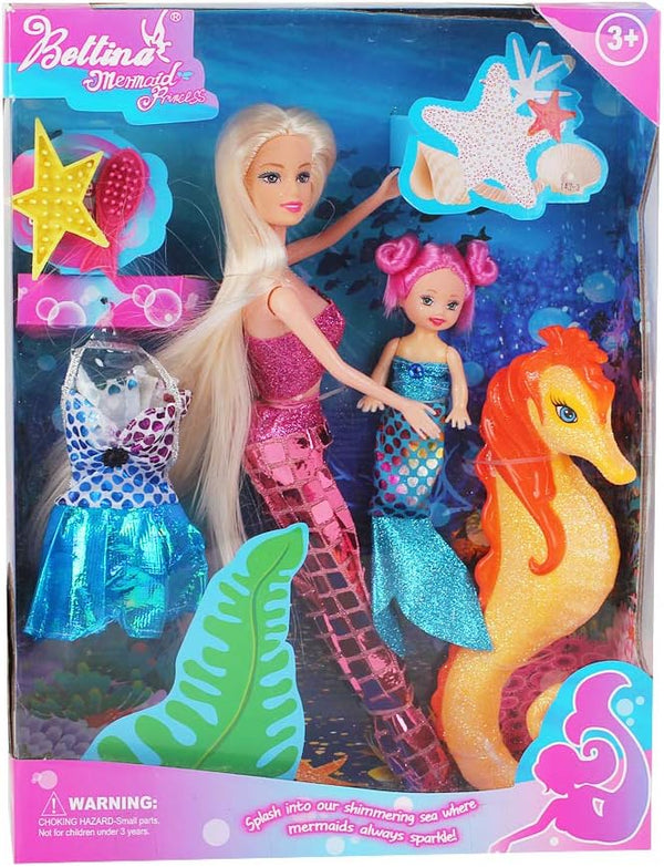 BETTINA 12'' Mermaid Princess Doll with 3'' Mermaid & Seahorse Play Gift Set, Pink, Doll Clothes & Accessories