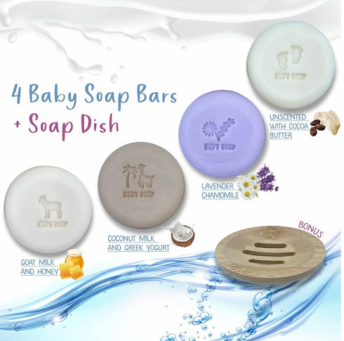 Set 4 of Organic Baby Soap Bars - Lavender-Chamomile, Goat Milk-Honey, Unscented, Greek Yogurt - Coconut Milk - All