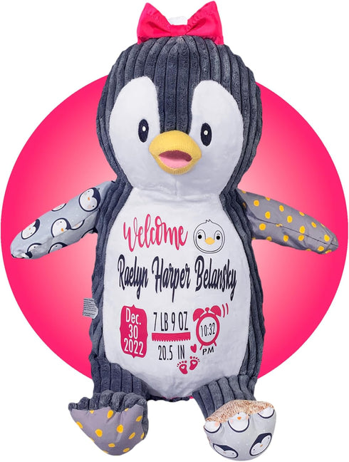Personalized Baby Stats Penguin Plushie - Birth Announcement Stuffed Animals - Personalized Baby Keepsake Birth