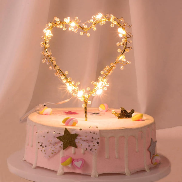 Wedding Cake Toppers Love Heart Pearl Cake Toppers with LED Light for Birthday Wedding Engagement Decorations