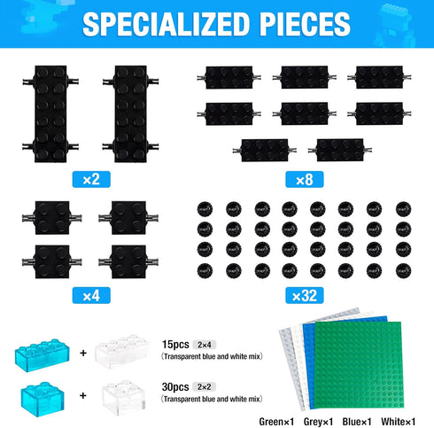 595 Pieces Building Bricks - Building Bulks Blocks with 4 Packs 5" x 5" Stackable Plates, 46PCS Wheel Accessory