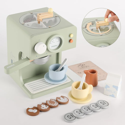Kids Wooden Coffee Maker Toy with Grinder, Pretend Play Kitchen Appliances Gift for Toddlers