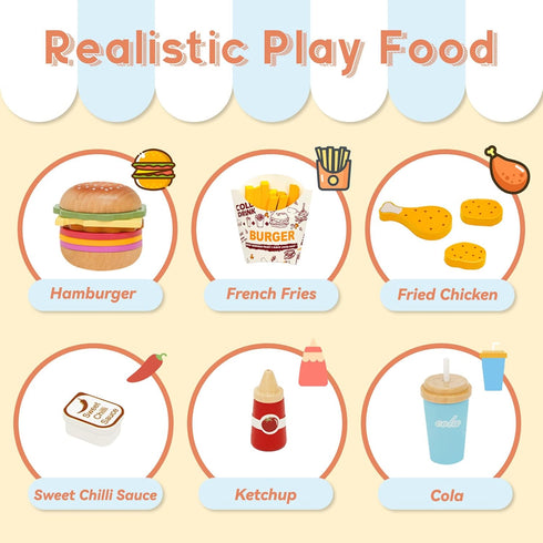 Set Playset WOODENFUN Pretend Play Food for Kids,Wooden Fast Food with Tray Hamburger Cola Fries Combo,Play Kitchen