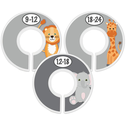 Safari Nursery Closet Size Dividers - 7X for Baby Clothes, Elephant Giraffe Zebra Lion Monkey Decor (Grey)