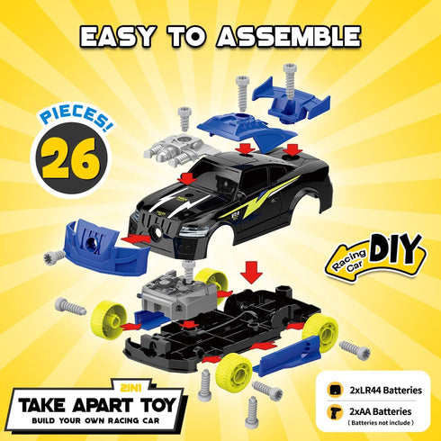GILOBABY 26 Pieces Take Apart Racing Car Toys for Boys, Electric Drill, Sounds & Lights, Educational Gifts for 3-5 Year