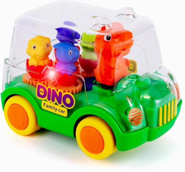 ArtCreativity Light Up Dinosaur Car - Bump and Go Toy Car with Moving Gears, Music, Flashing LED's for Toddlers 3 and Up