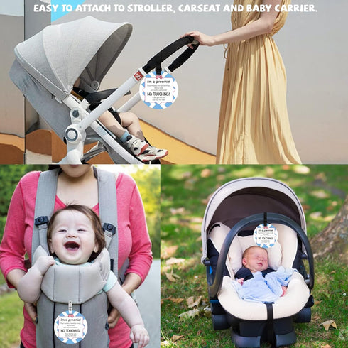 2 Pack PLIGREAT No Touching Baby Car Seat Sign, No Kissing Baby Stroller Tag with Hanging Straps and Clip, No Touch