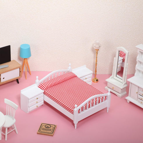1: 12 Set Miniature Furniture Pink Double Bed Synthetic Material Dollhouse Furniture Baby Doll Accessories