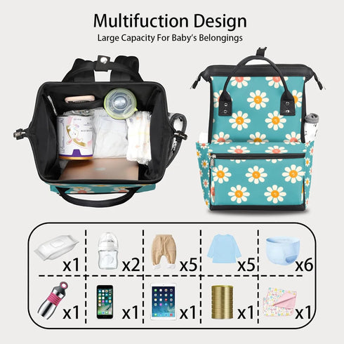 Hsnar Backpack Lovely Daisy Waterproof Diaper Bag Large Capacity Baby Bag with Stroller Straps, Multi-Pocket Diaper Bag