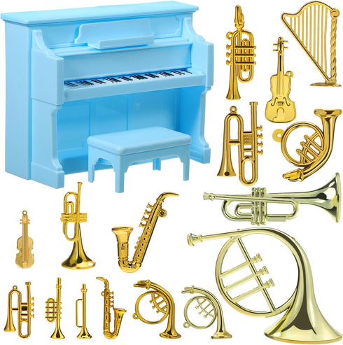Vaguelly 16Pcs Miniature Musical Instruments + 1Pc Piano Model - Dollhouse Decor Tiny Instruments Accessories