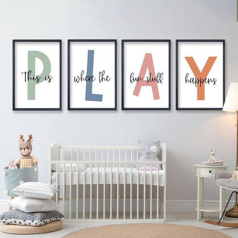 TQianJiang 4 11"16" Playroom Wall Art for Kids Piece PLAY Letter Prints with This is Where the Fun Stuff Happens Quote