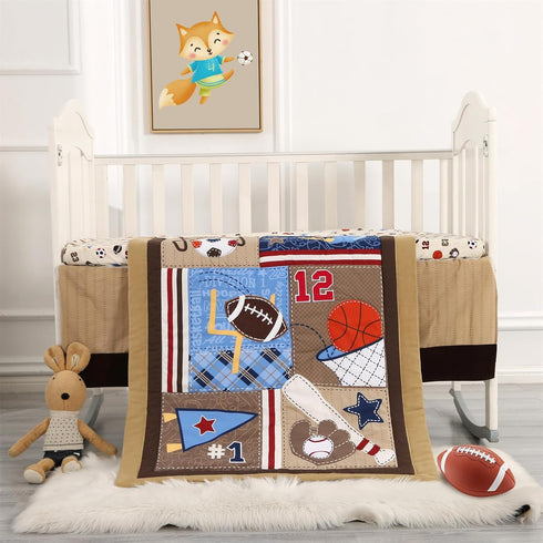 Set 3PCs Set Sets 38x24 Wowelife Sports Mini Crib Bedding Boys Brown Mini Crib Comforter Basketball Baseball Rugby