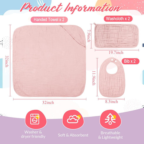 Hahafelt 6 Set, Pcs Muslin Hooded Bath Towels Washcloths and Bibs Muslin Cotton Baby Towels Absorbent Hooded Blanket