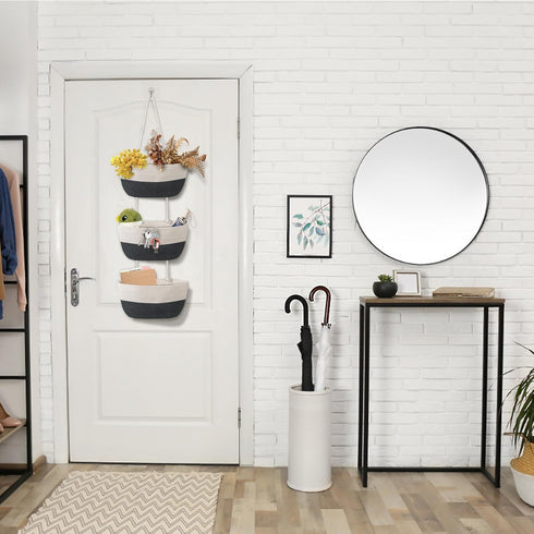 3 Closet Tier Wall Mounted Woven Hanging Basket, Over the Door Hanging Basket with Hooks, Decorative Storage Hanging
