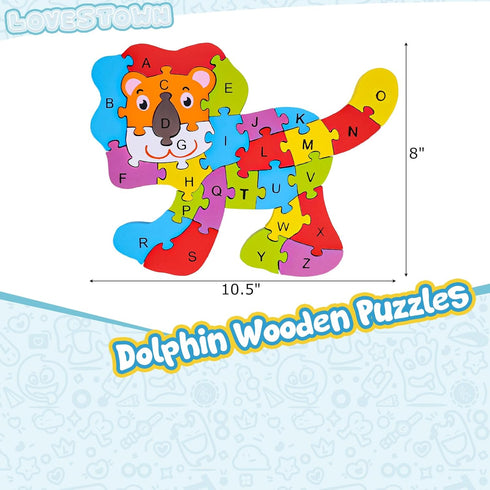 LovesTown Lion Wooden Puzzle, 26PCS Jigsaw Puzzle Alphabet and Number Blocks Animal Wooden Building Blocks for Kid Preschool Education