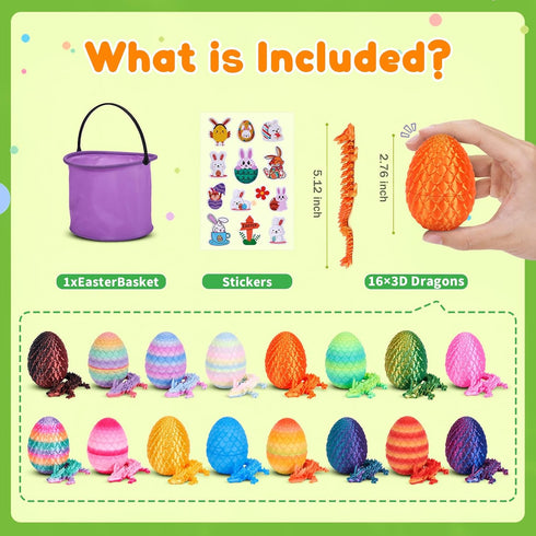 16 Pack 3D 3D 5-7 8-12 TBOLINE Printed Dragon Egg, Articulated Crystal Animals Dragon Fidget Toys with Basket