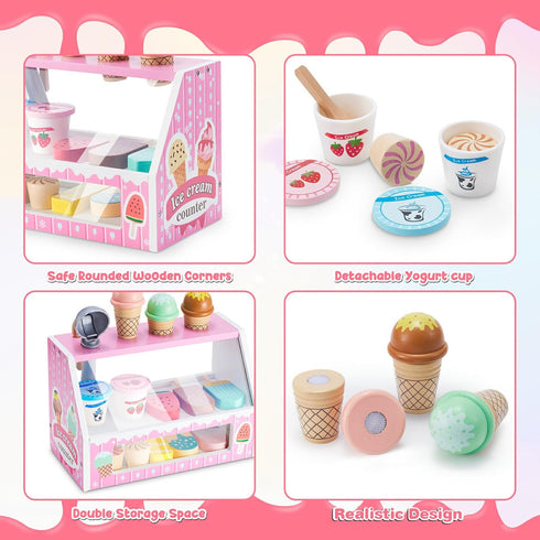 Counter Playset 3+ WHOHOLL Wooden Ice Cream for Toddler Girl Toys, Play Store Pretend Toy Food Play Kitchen Accessories
