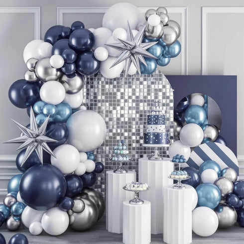 Blue Silver Balloon Arch Kit, Navy Blue Silver White Balloon Garland with Metallic Light blue silver Balloons Star Foil