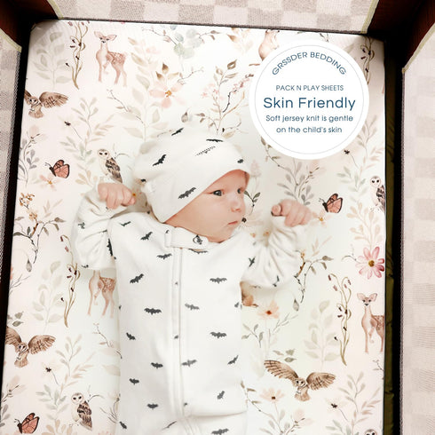 Stretchy Ultra Soft Jersey Knit Fitted Pack n Play Sheets 3 Pack, Portable/Mini Crib Sheets for Girls, Universal Fit for Pack N Plays Safe and Snug, Beautiful Blush Pink Floral and Cute Animals Print by GRSSDER