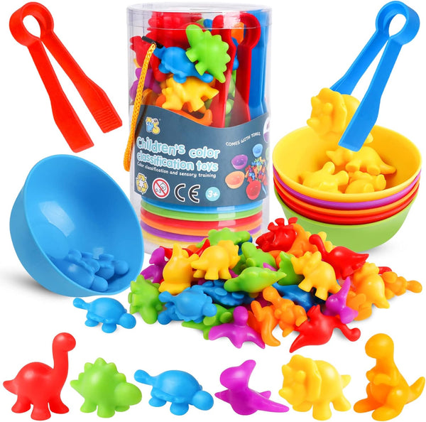 Counting Dinosaur Matching Toys with Sorting Bowls, Montessori Educational Activities for Color Sorting, Fine Motor