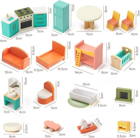 Giant Wooden Dollhouse Furniture Set, 26 Pcs for Kitchen, Living Room, Bedroom, Bathroom, Babyroom, Candy Accessories